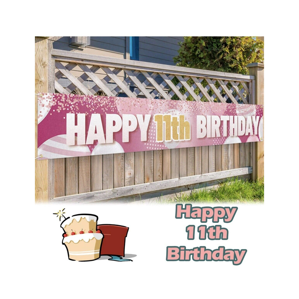 9.8 X 1.6 Ft Large Sign Happy 11th Birthday Banner Pink For Kids Birthday‎